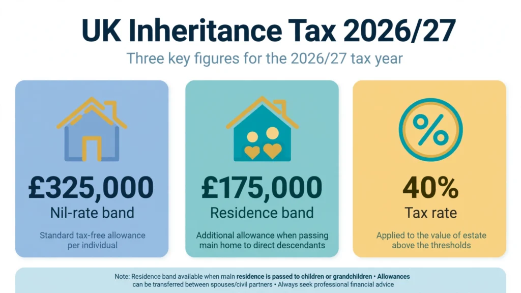 Infographic showing UK inheritance tax 2026/27 key figures: £325,000 nil-rate band, £175,000 residence band, 40% tax rate